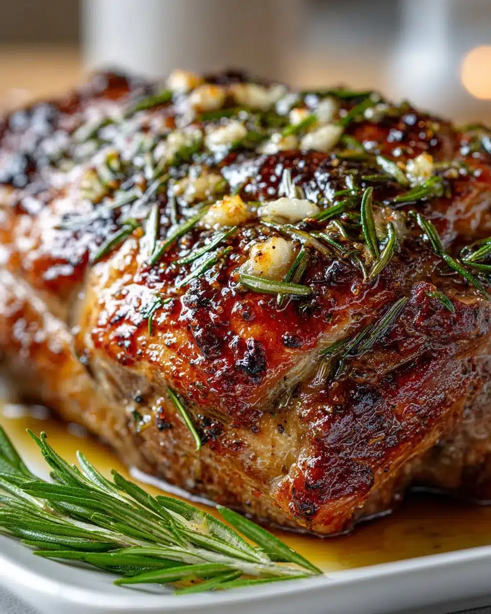 Juicy roasted leg of lamb with garlic and rosemary on a serving platter