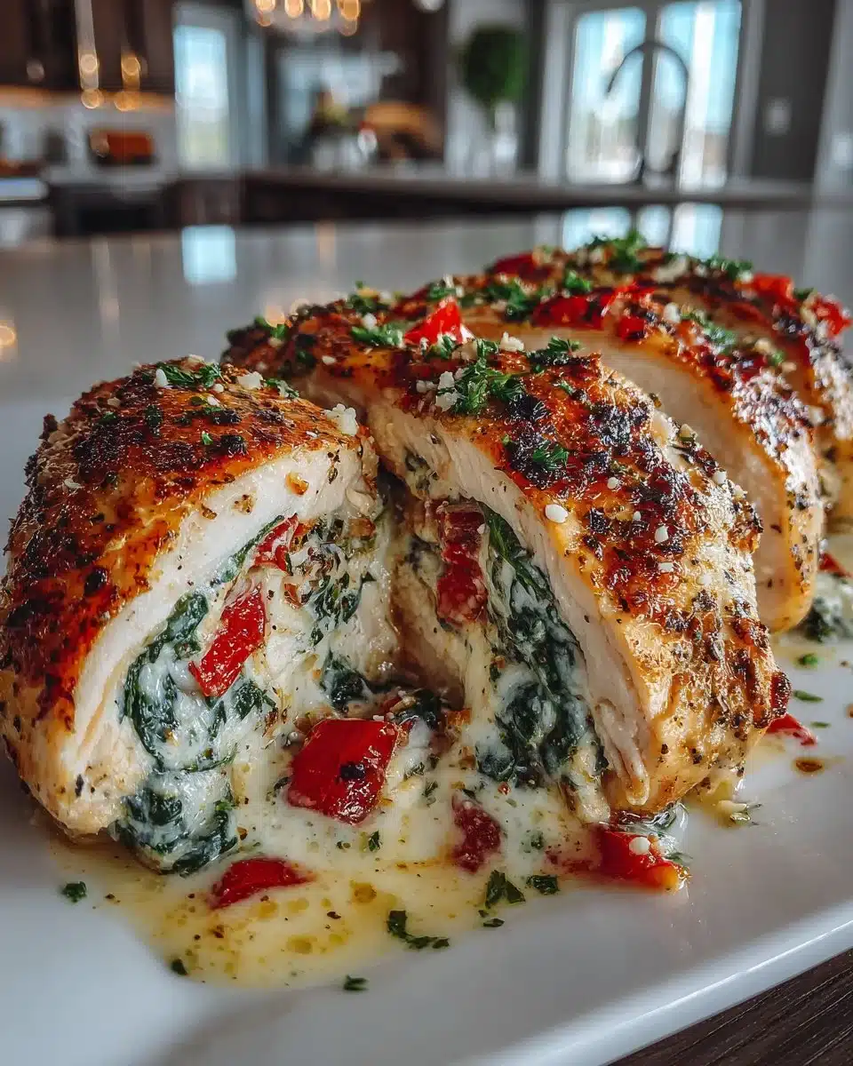 Roasted red pepper, spinach, and mozzarella stuffed chicken on a plate