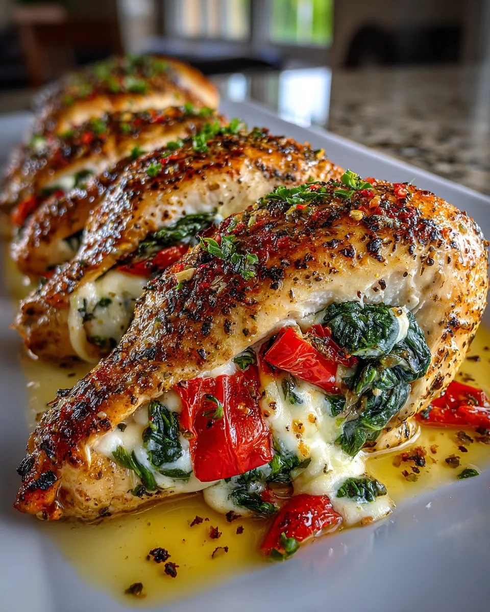 Roasted Red Pepper, Spinach, and Mozzarella Stuffed Chicken Roasted Red Pepper, Spinach, and Mozzarella Stuffed Chicken