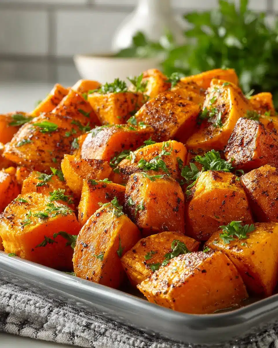 Roasted sweet potatoes drizzled with cinnamon and honey in a serving dish.
