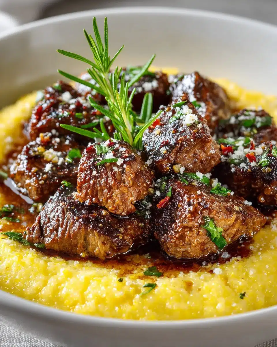 Rosemary garlic butter steak bites served with Parmesan polenta.