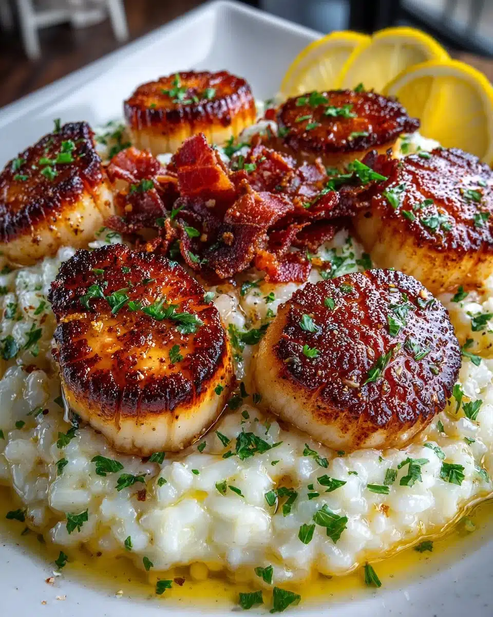 Seared scallops served with lemon risotto and crispy prosciutto on a plate