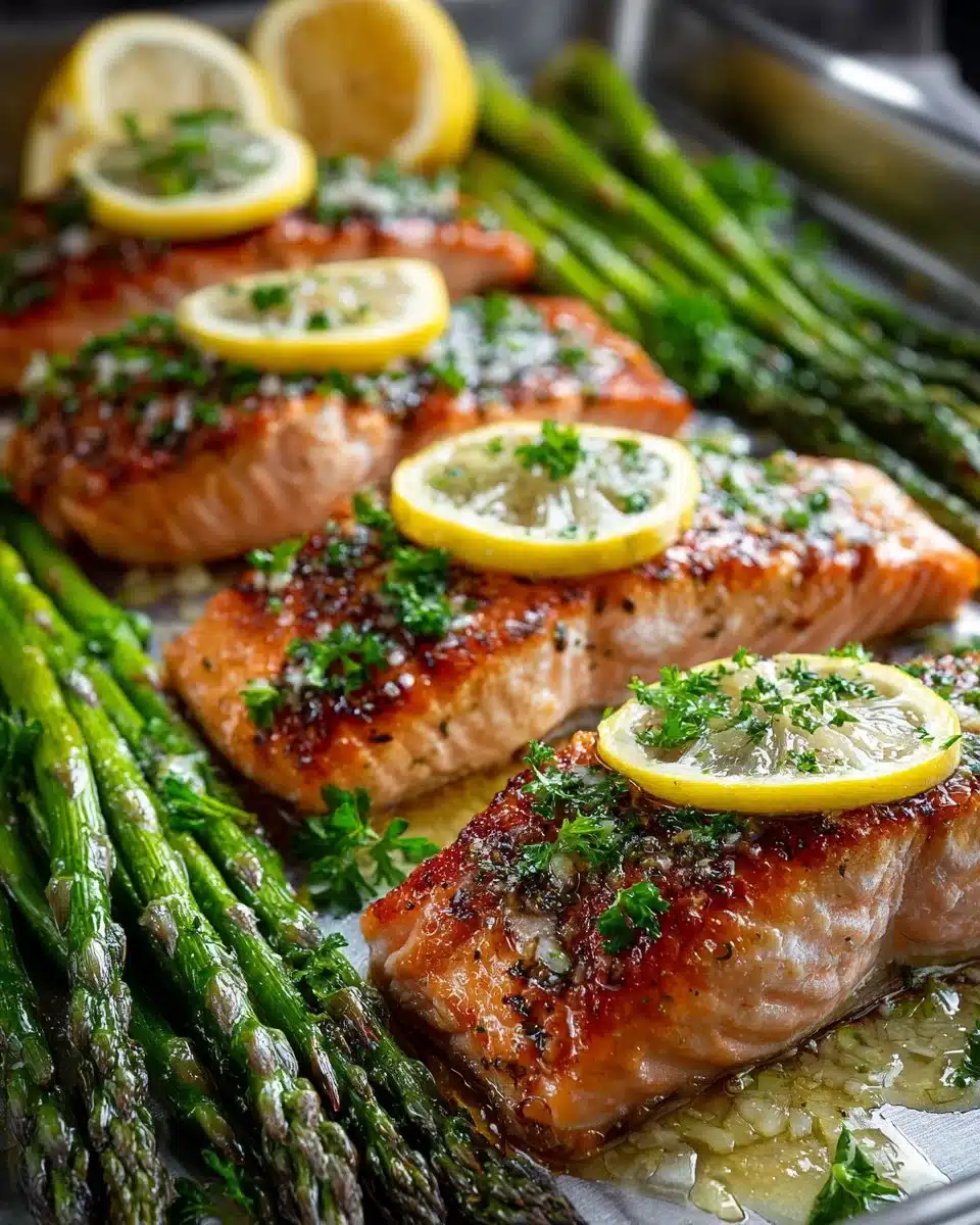Sheet pan featuring salmon fillets and asparagus with garlic butter sauce