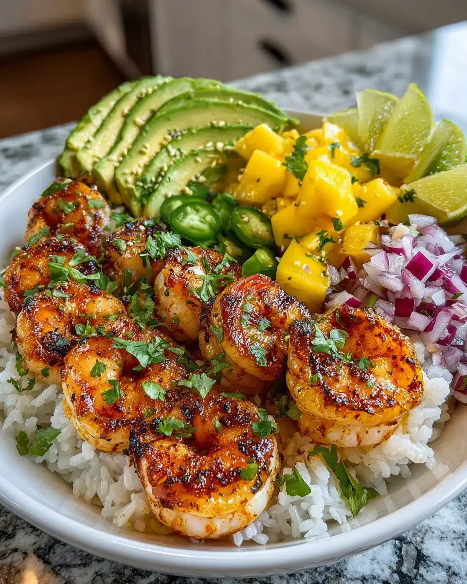 Shrimp avocado bowl topped with mango salsa and lime-chili sauce