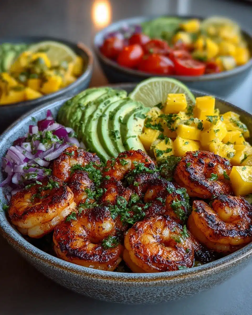 Shrimp avocado bowls with mango salsa and lime-chili sauce