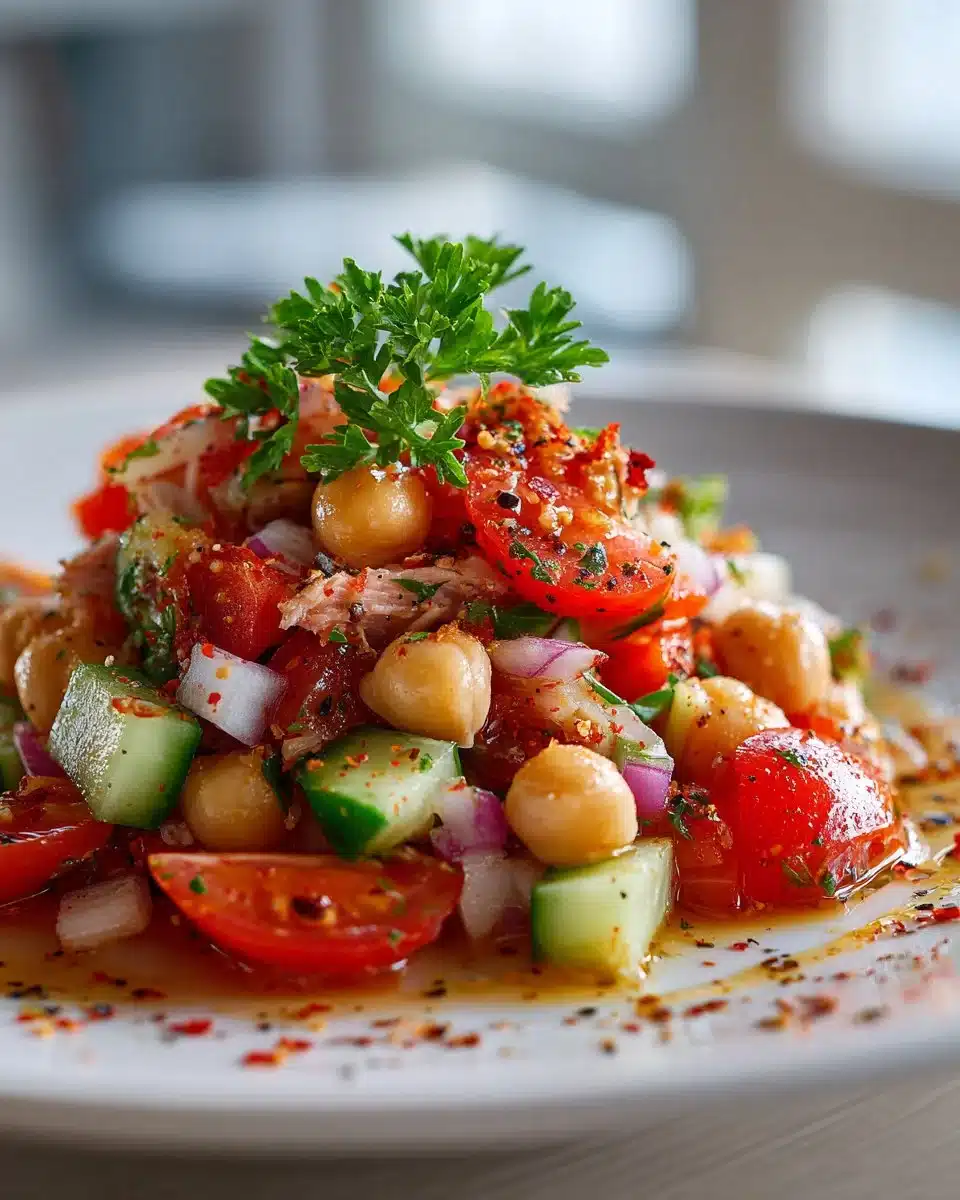 Healthy Tuna Garbanzo Bean Salad served in a bowl with colorful vegetables.