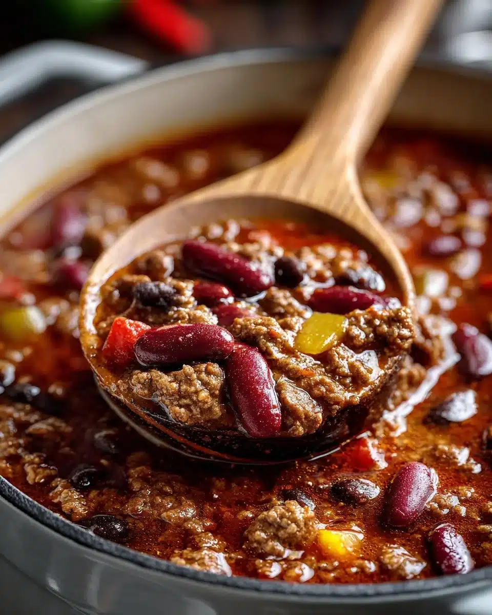 Bowl of delicious slow cooker chili garnished with fresh herbs