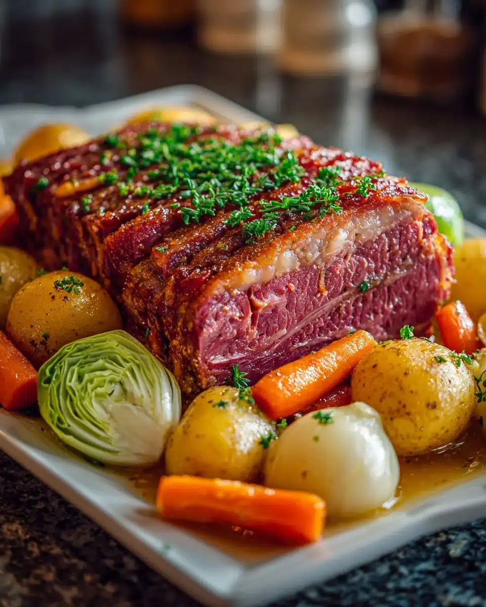 Slow cooker corned beef and cabbage dish served on a plate