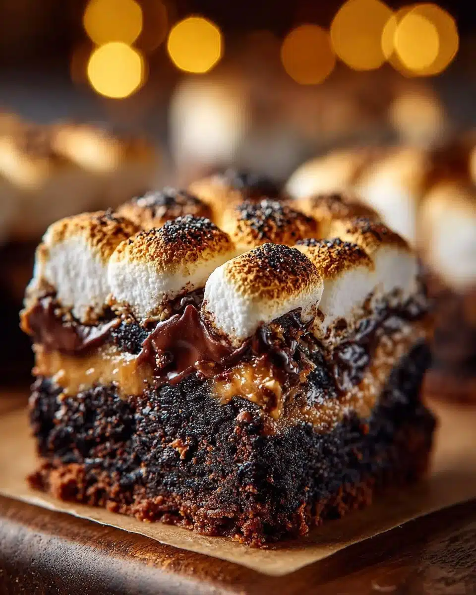 Delicious S'mores Brownies with chocolate, graham crackers, and toasted marshmallows