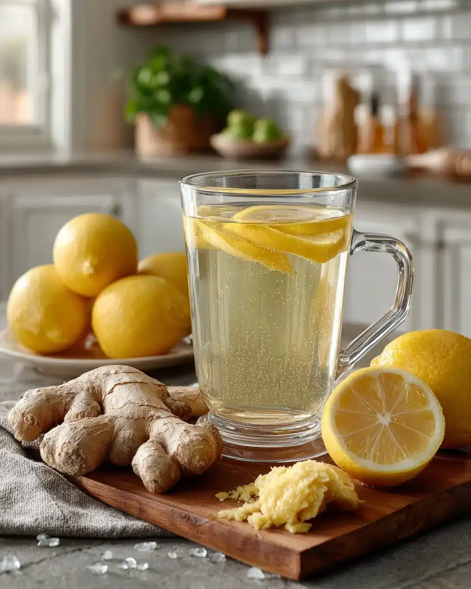 A cup of steaming ginger lemon tea with fresh ginger and lemon slices
