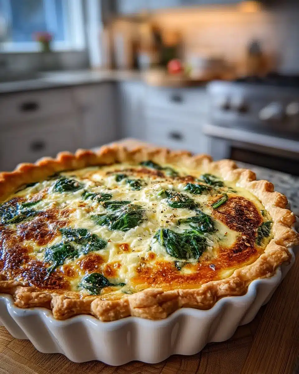 Slice of Spinach Feta Quiche on a plate with fresh greens