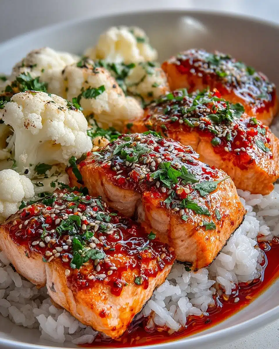 Bowl of spicy Sriracha Honey Salmon with vegetables and rice