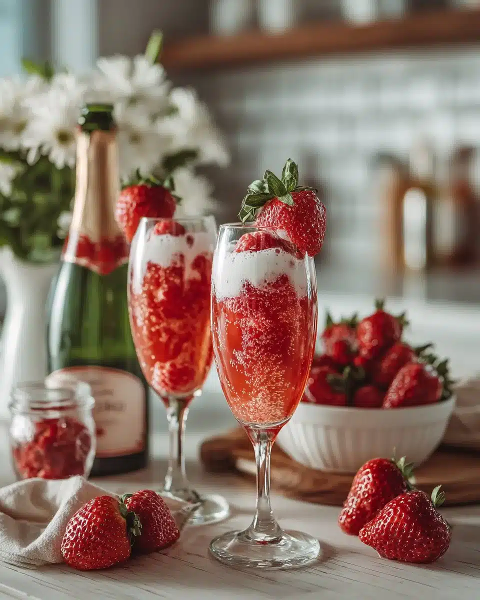 Strawberries and cream mimosa served in a glass with fresh strawberries on the rim.