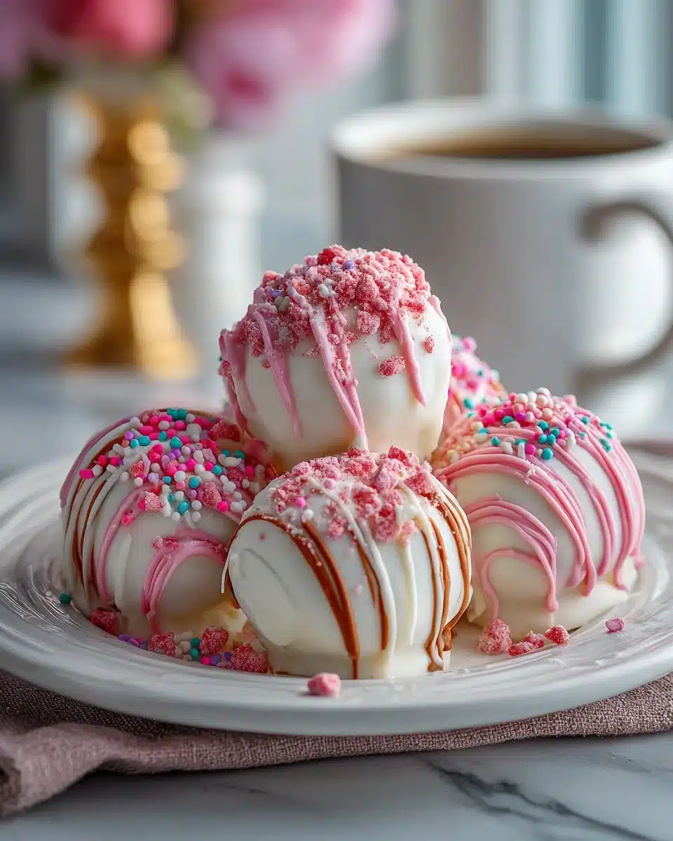Decadent strawberry cake truffles topped with creamy frosting and fresh strawberries