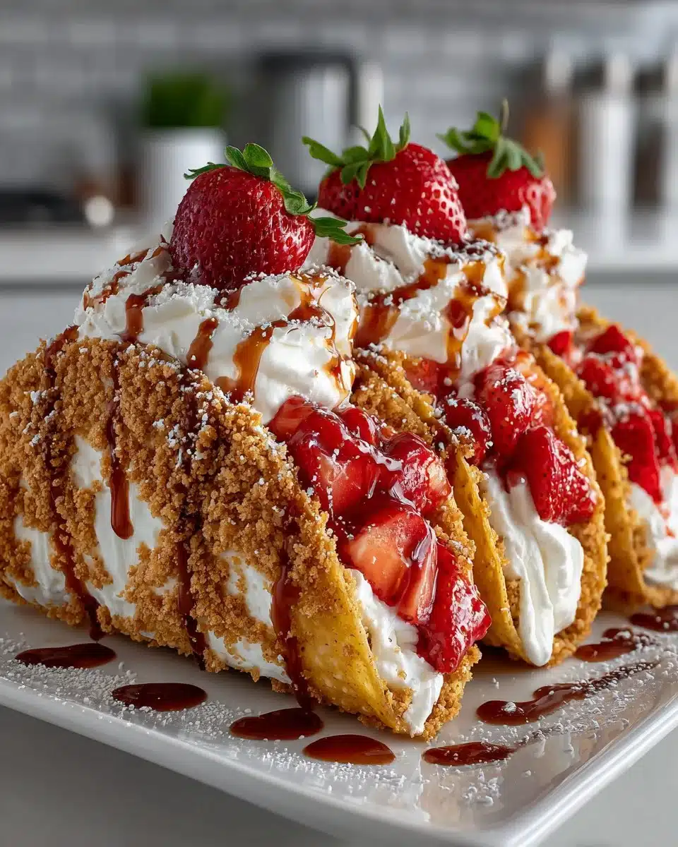 Strawberry crunch cheesecake tacos topped with fresh strawberries and crumbs