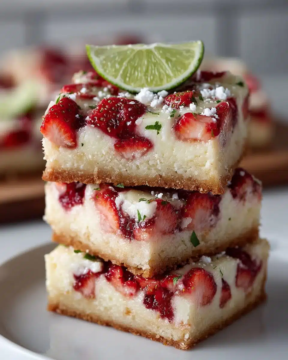 Delicious Strawberry Lime White Chocolate Gooey Bars on a plate