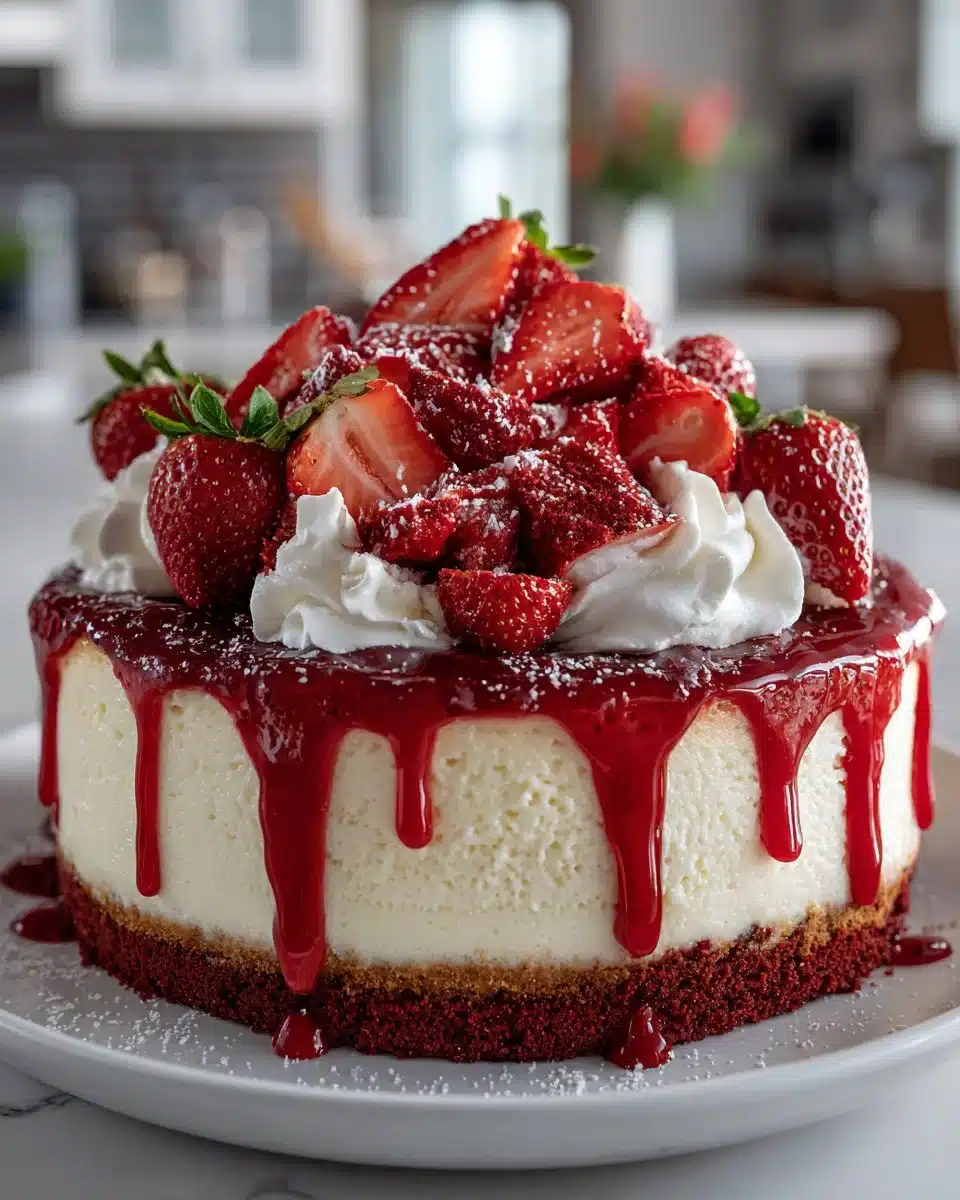 Delicious Strawberry Red Velvet Cheesecake with creamy frosting and fresh strawberries