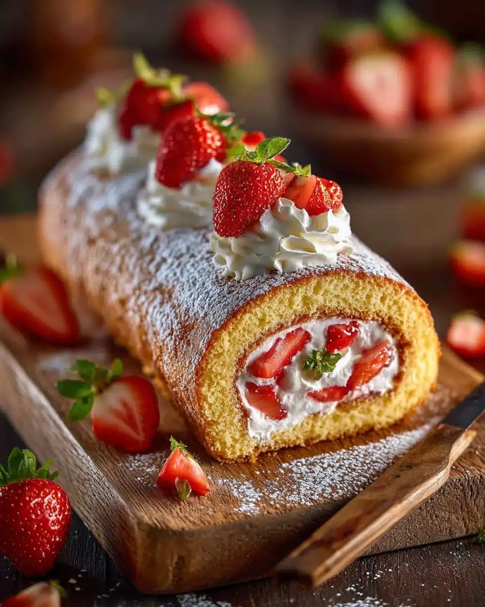 Delicious Strawberry Shortcake Cake Roll with fresh strawberries and cream