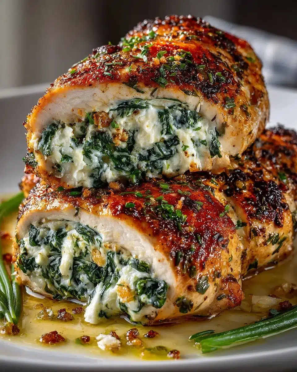 Stuffed chicken breast with spinach, ricotta, and mozzarella ready to serve.