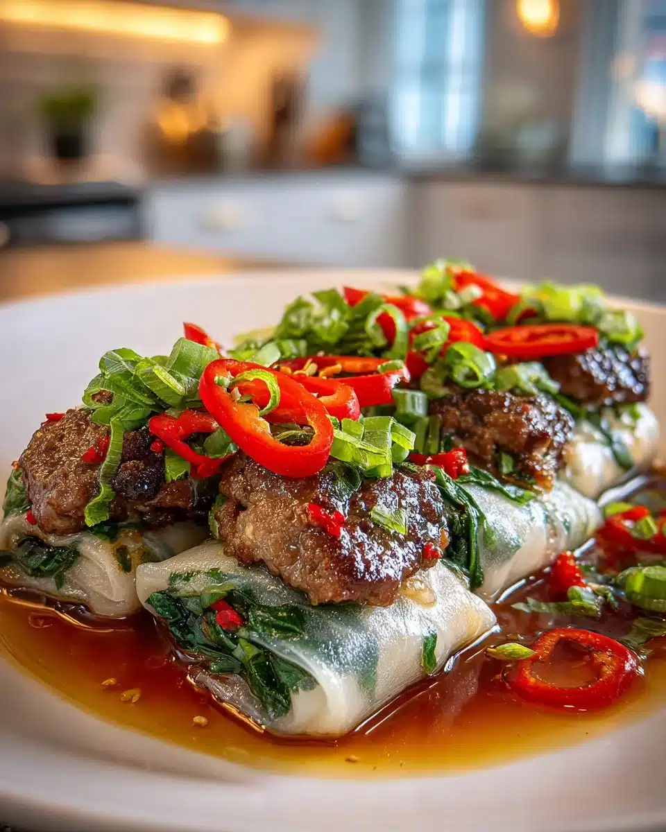 Delicious Thai Basil Beef Rolls served with fresh herbs