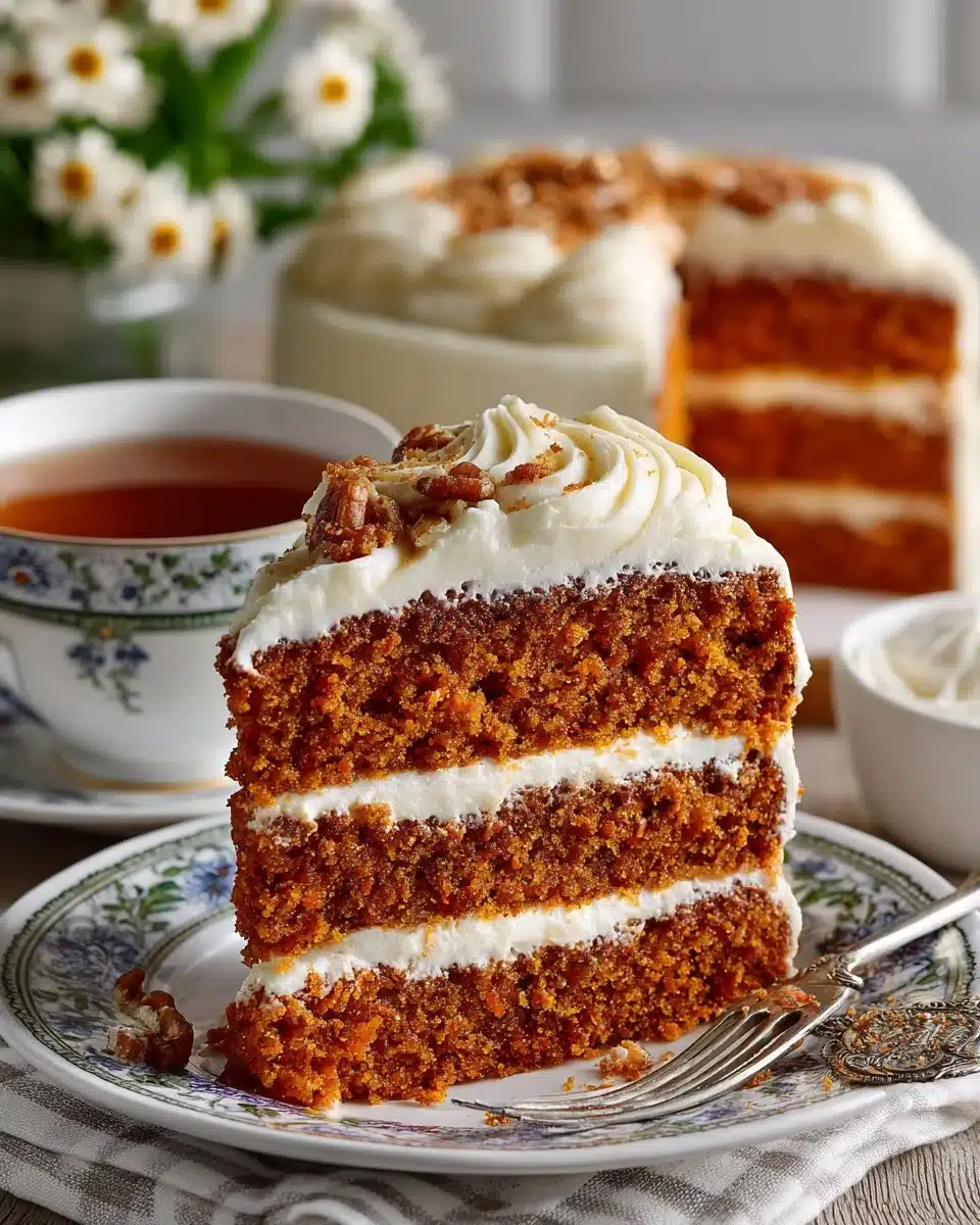 Delicious slice of carrot cake with cream cheese frosting on a white plate
