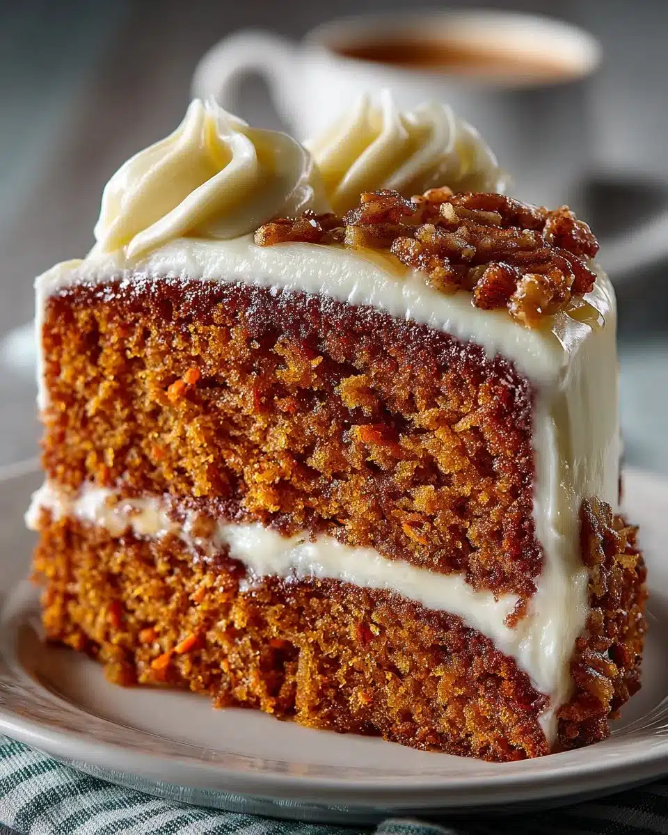 Slice of moist carrot cake with cream cheese frosting on a white plate