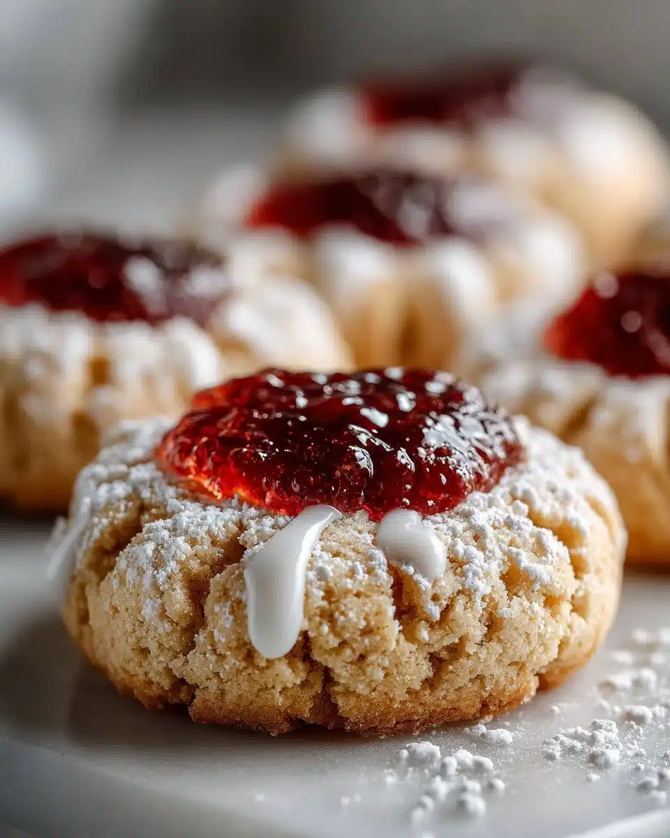 Delicious thumbprint cookies with colorful icing on a wooden table