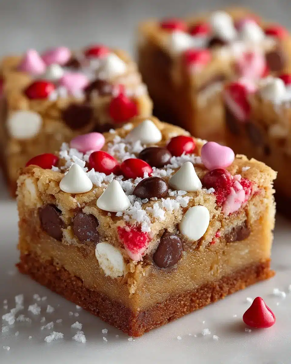 Delicious Valentine Cookie Bars decorated with heart shapes and festive colors