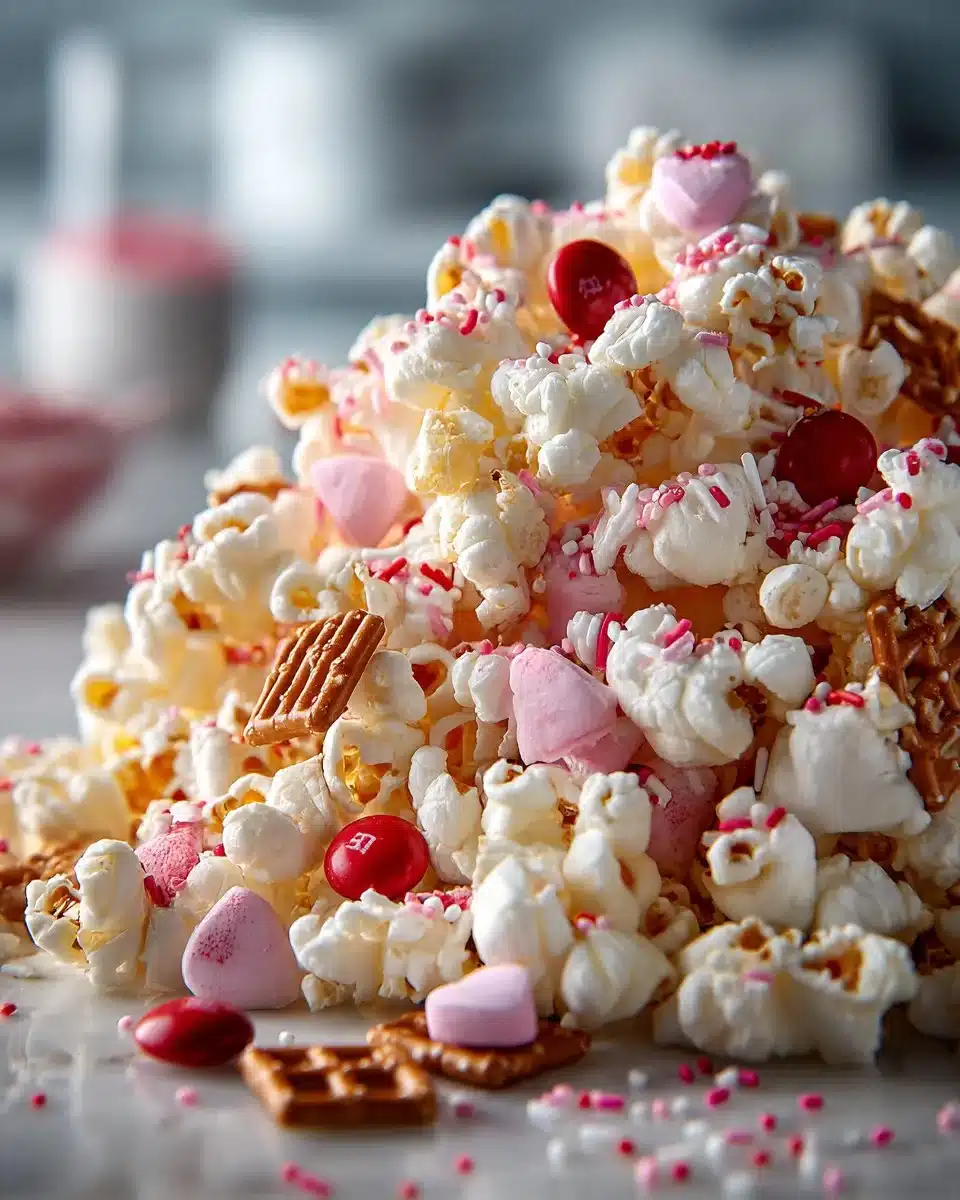 Colorful Valentine popcorn with heart-shaped sprinkles and festive packaging.