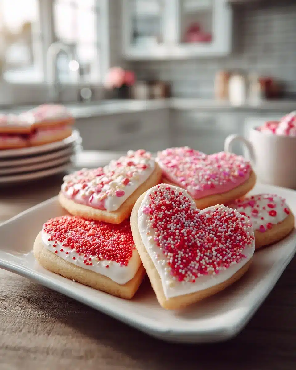 Decorated Valentine's Day sugar cookies in heart shapes