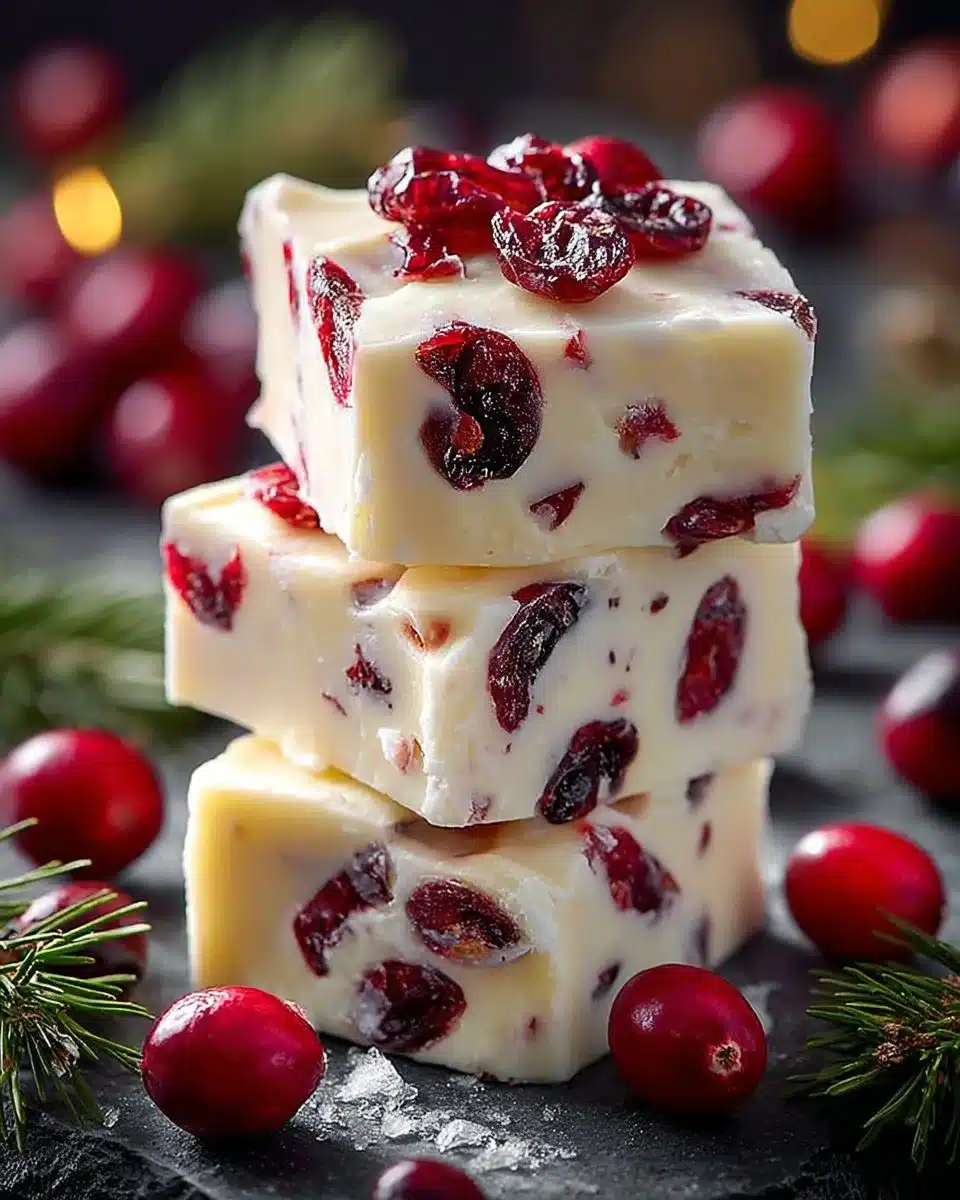 Delicious white chocolate cranberry fudge squares on a white plate