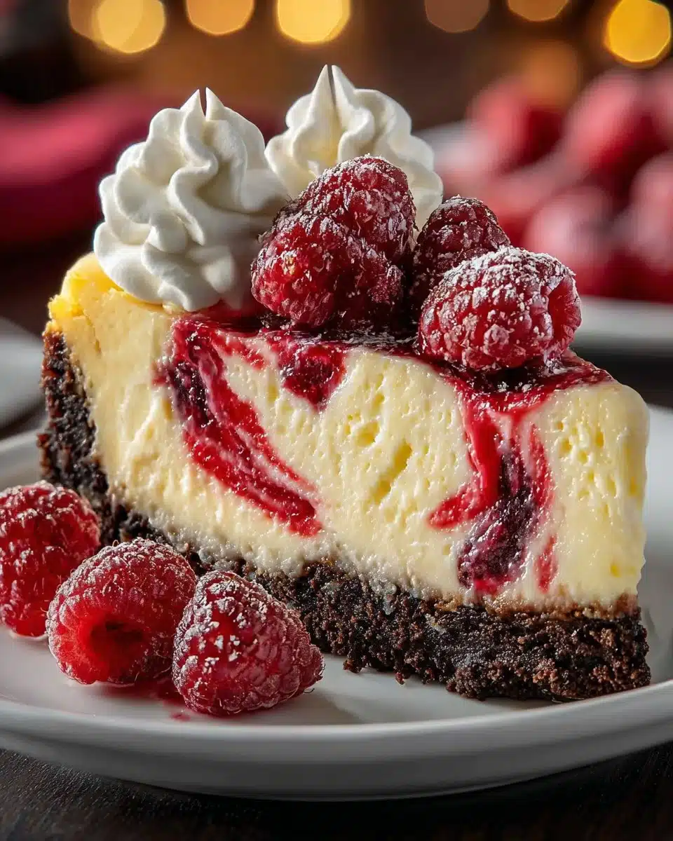 Slice of white chocolate raspberry cheesecake topped with fresh raspberries