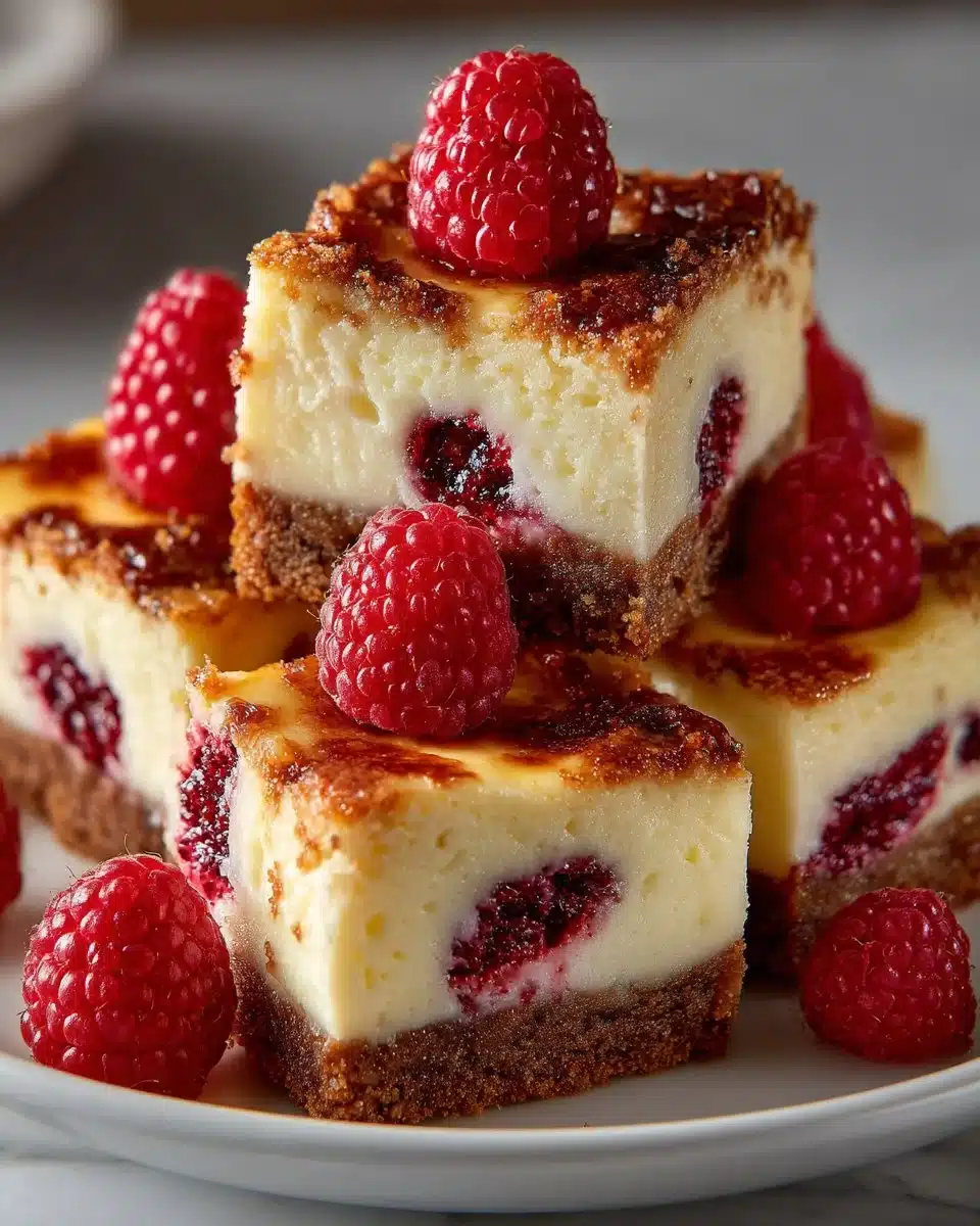 Delicious white chocolate raspberry cheesecake bars on a plate