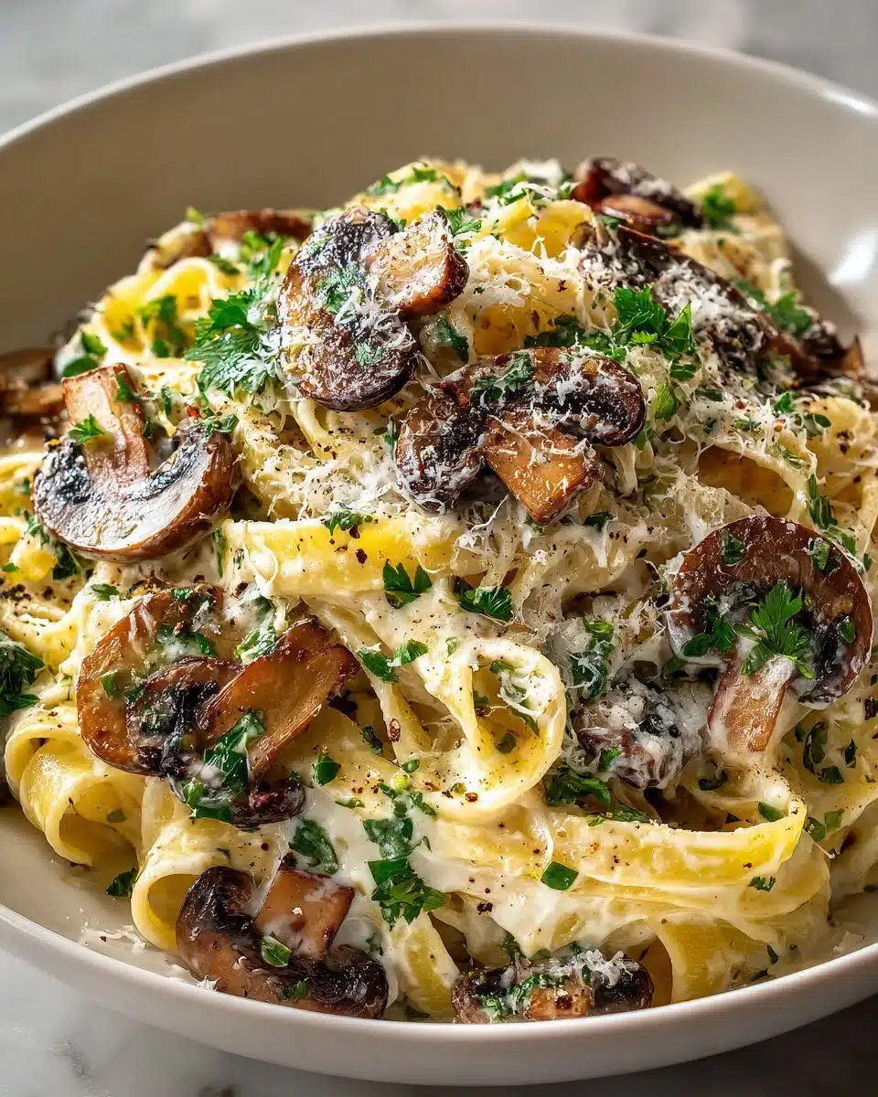 Delicious Wild Mushroom Fettuccine with truffle cream sauce served in a bowl