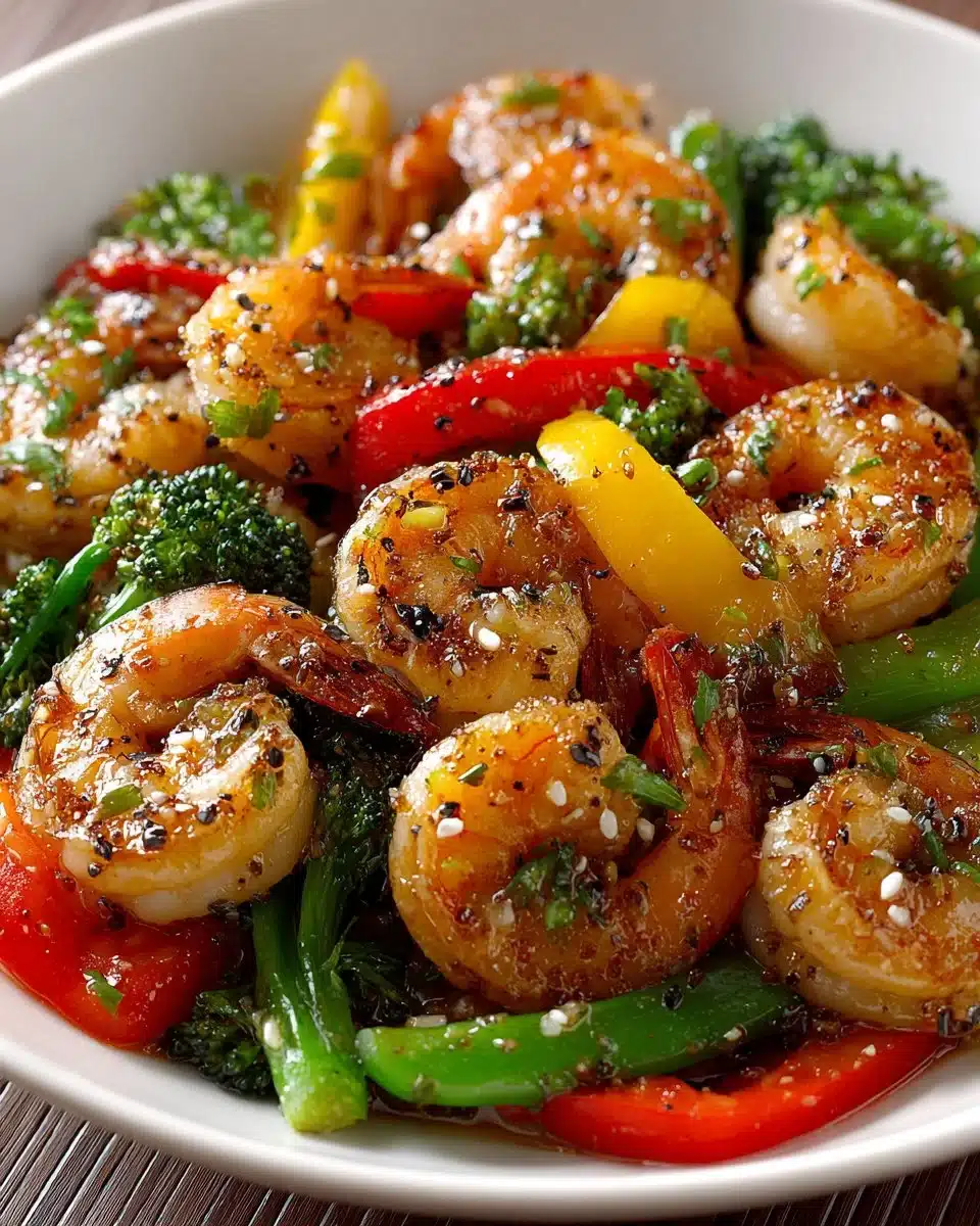 Delicious honey garlic shrimp stir fry served on a plate