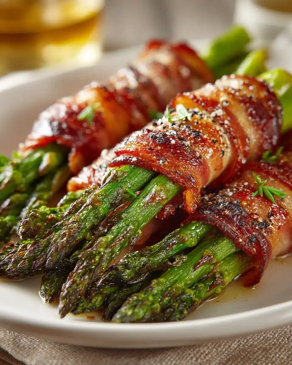 Delicious bacon-wrapped asparagus bundles on a serving platter