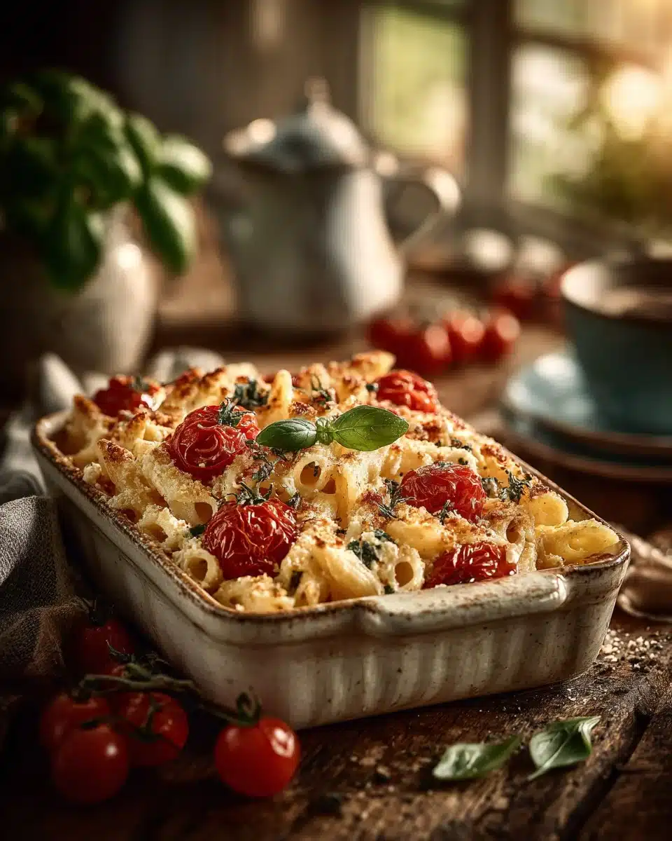 Baked feta pasta with cherry tomatoes served in a bowl, garnished with fresh herbs.