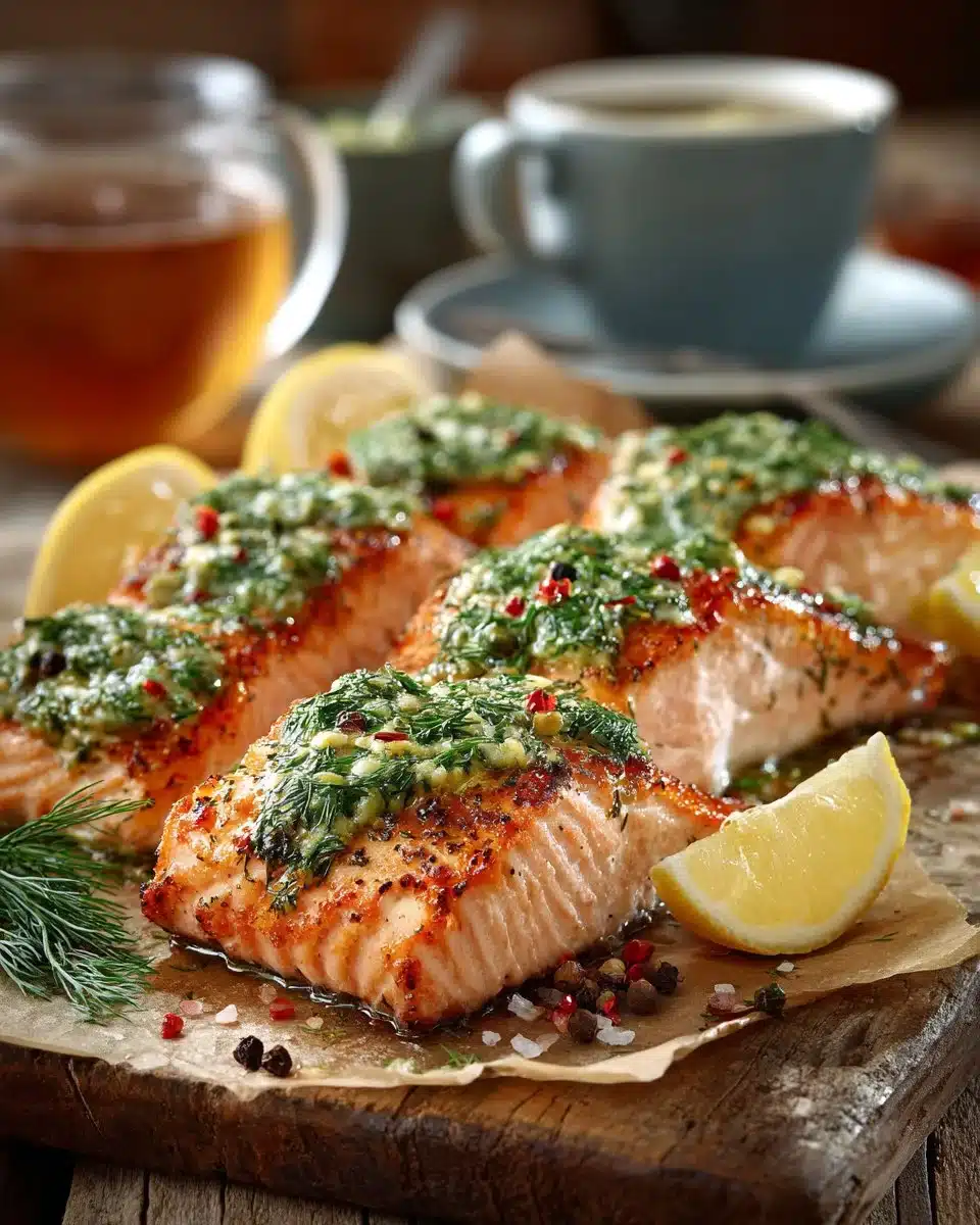 Baked salmon fillet with lemon and dill sauce served on a plate.