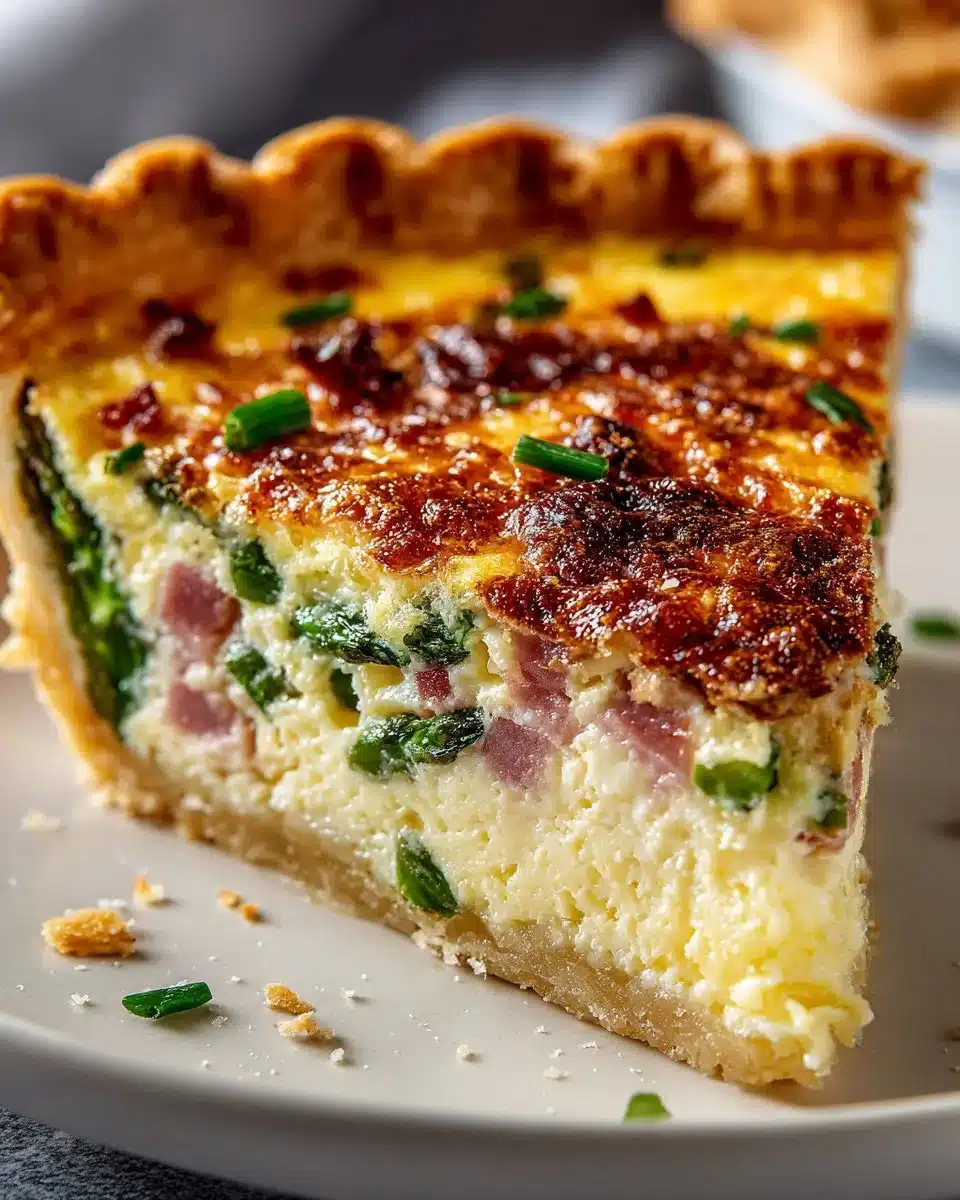 Cheesy ham and asparagus quiche fresh out of the oven, garnished and ready to serve.