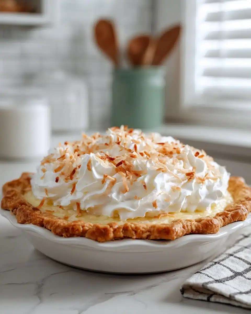 Delicious slice of classic Coconut Cream Pie topped with whipped cream and coconut flakes