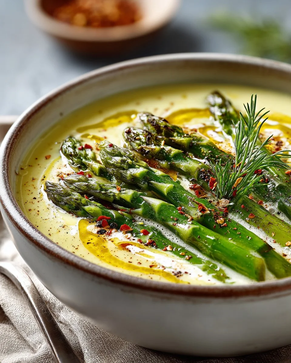 Bowl of creamy asparagus soup garnished with fresh herbs and cream.