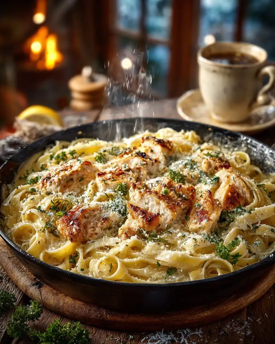 Creamy Lemon Parmesan Chicken Pasta with herbs and lemon zest