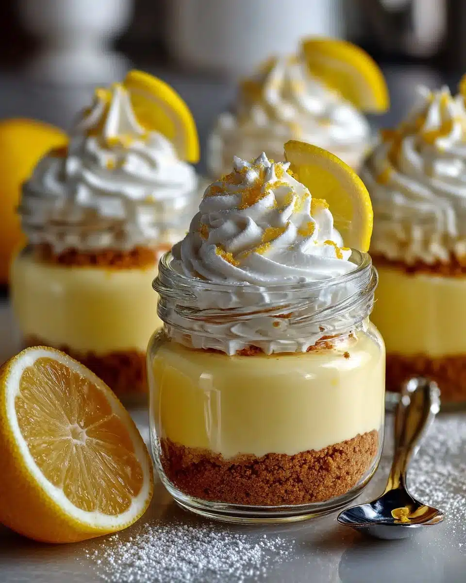 No bake creamy lemon pie jars served with lemon slices and whipped cream