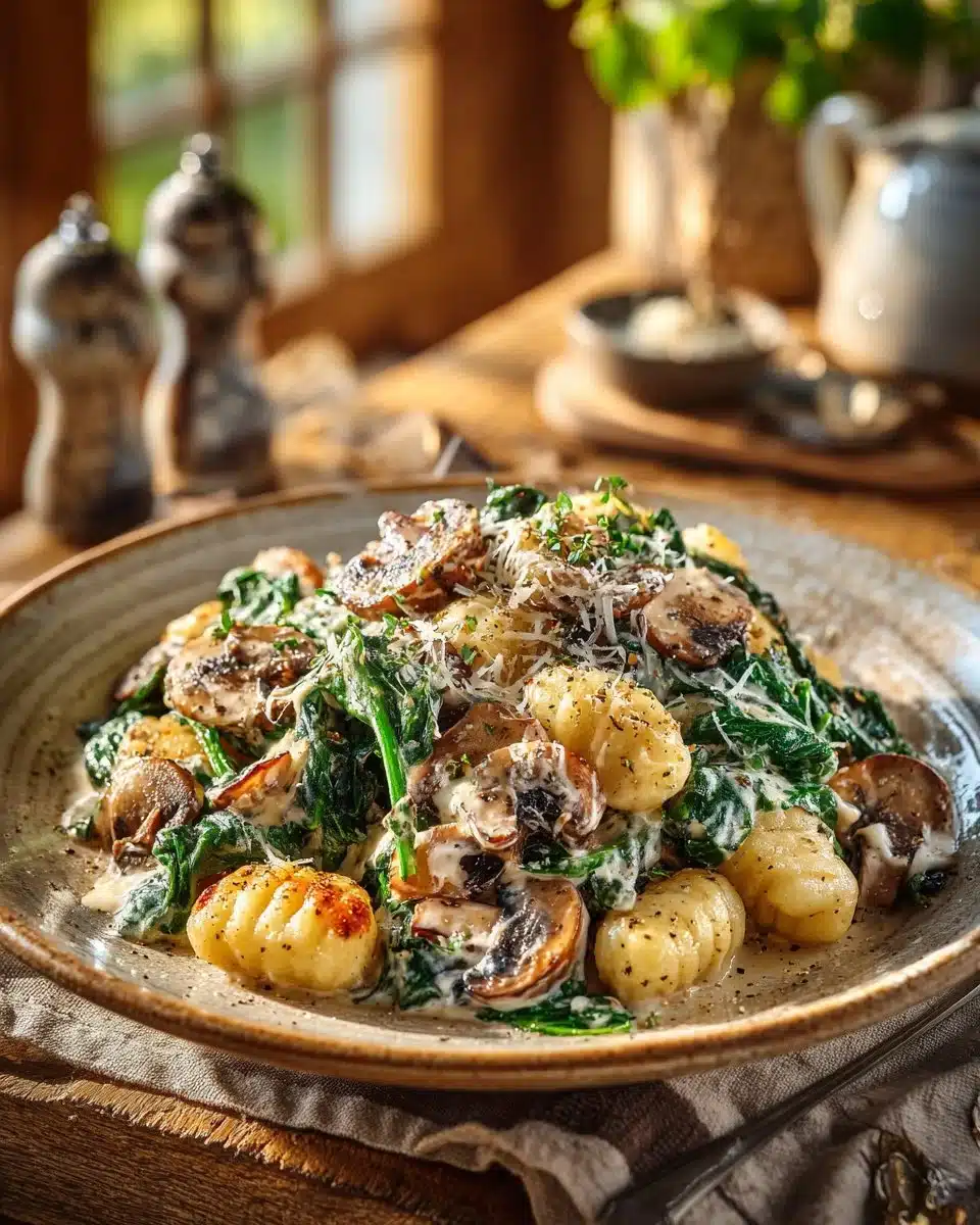 Creamy mushroom gnocchi with spinach served in a bowl