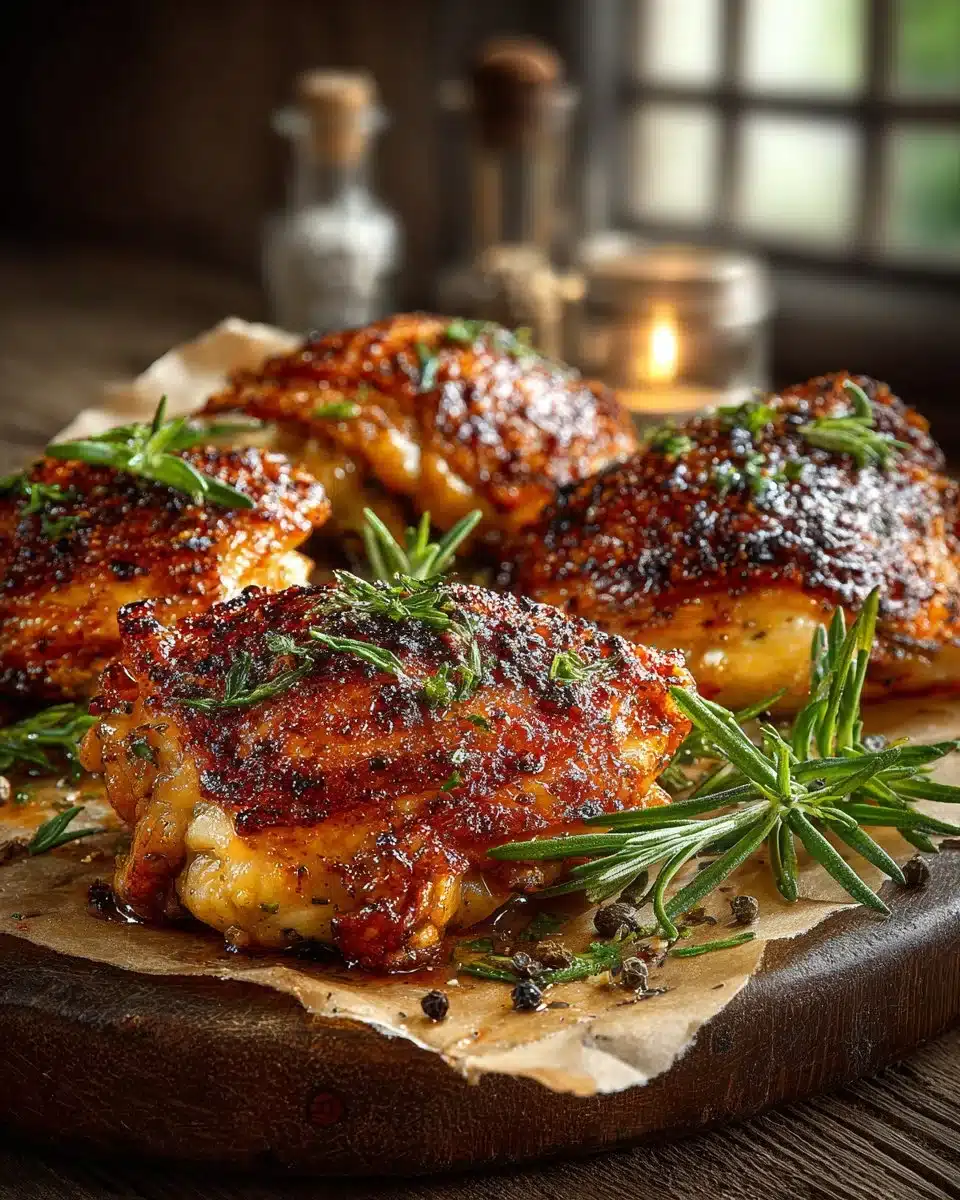 Crispy baked chicken thighs served with herbs and spices on a plate.