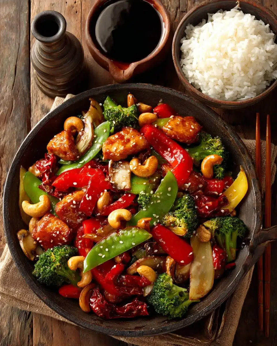 Delicious cashew chicken stir fry with colorful vegetables and savory sauce