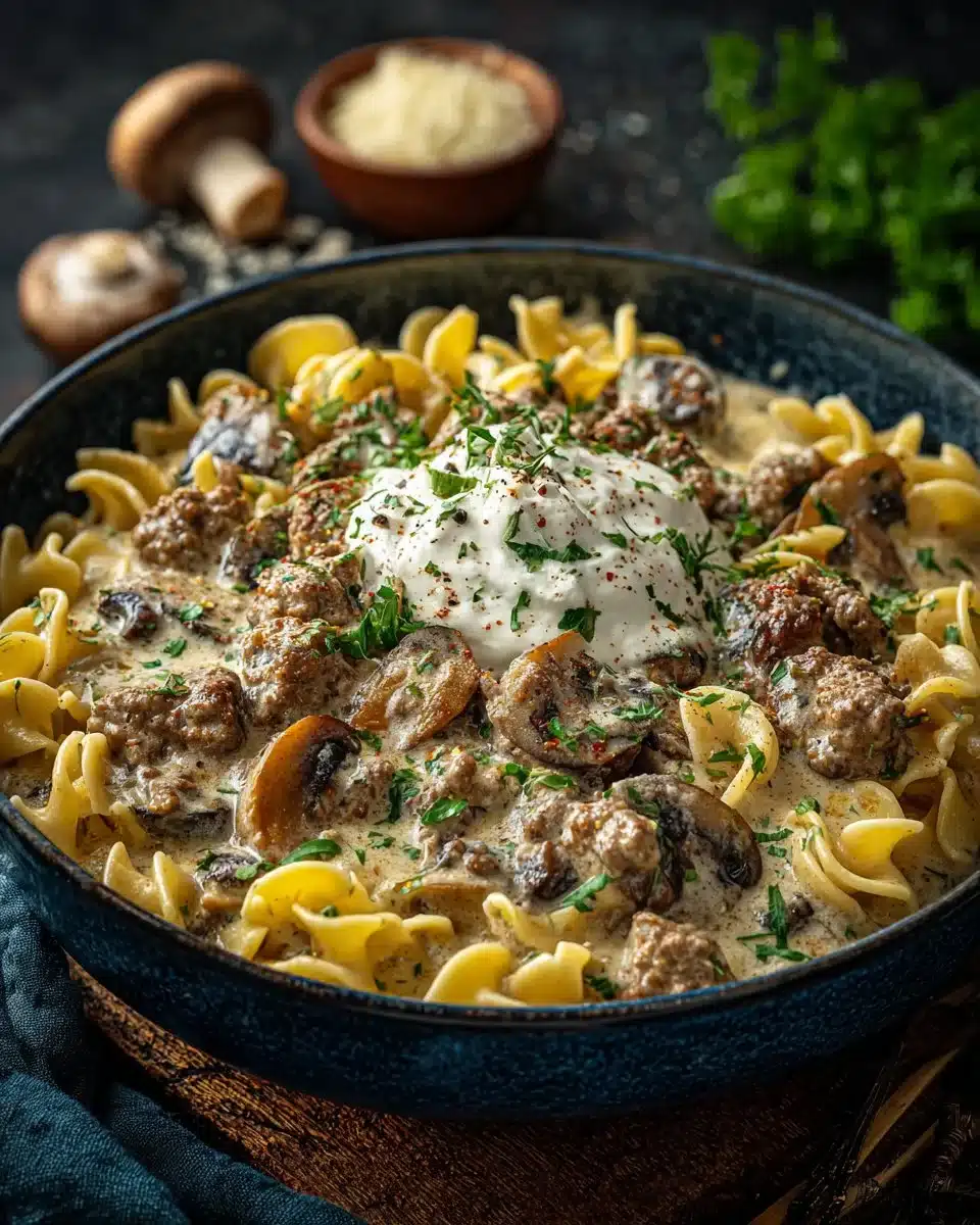 Delicious easy ground beef stroganoff served in a bowl with noodles.