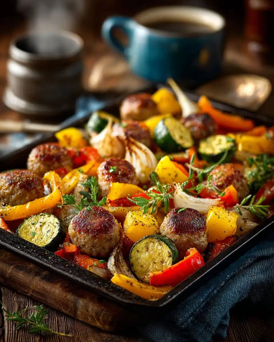 Easy sheet pan sausage with colorful roasted vegetables on a baking sheet