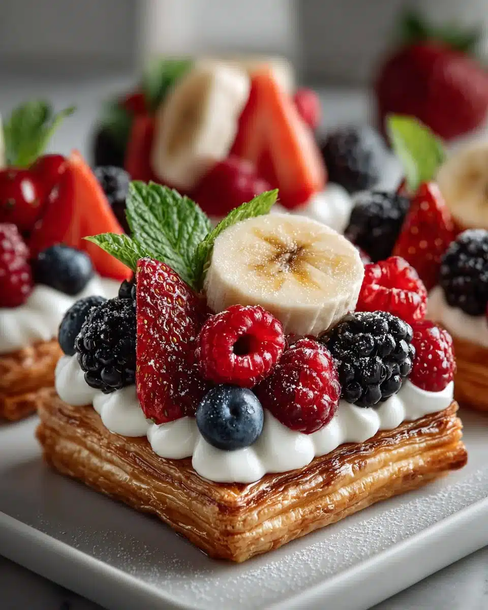 Easy vegan fruit tarts made with puff pastry and topped with fresh fruits