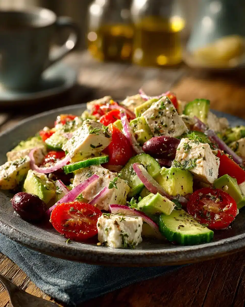 Delicious Greek Chicken Salad topped with avocado and feta cheese